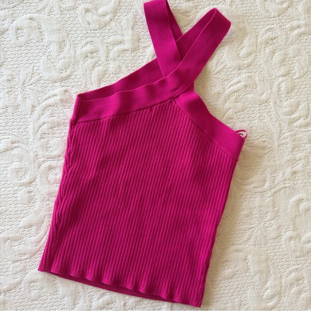 Avec Les Filles Ribbed Crisscross Halter Tank - Hot Pink